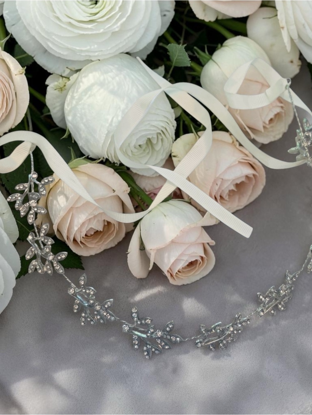 Crystal Leaf Ribbon Headband - White/Silver Wedding Hair Accessory